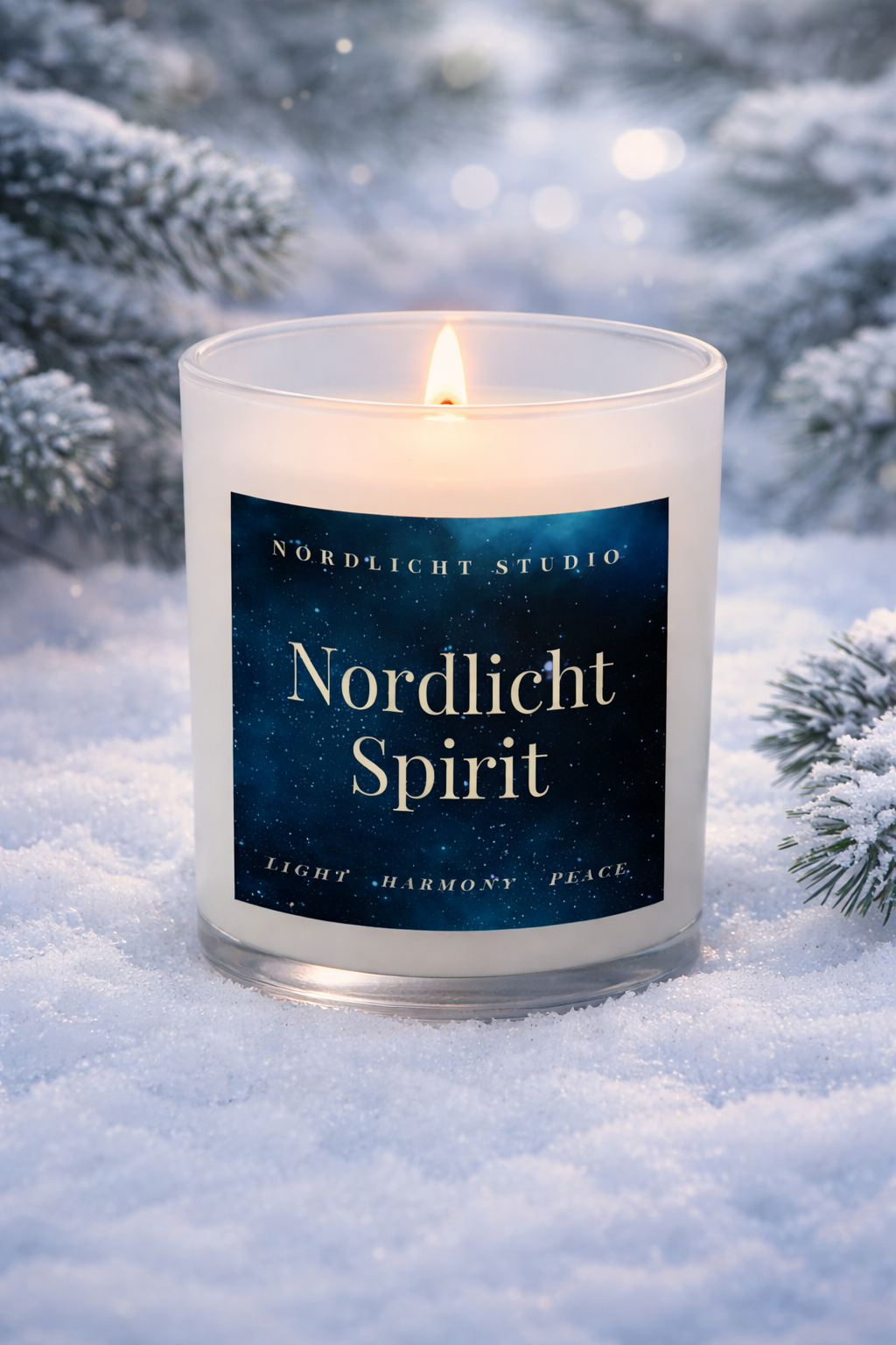 burning candle in a frosted glass jar sitting in the snow with pine branches in the back