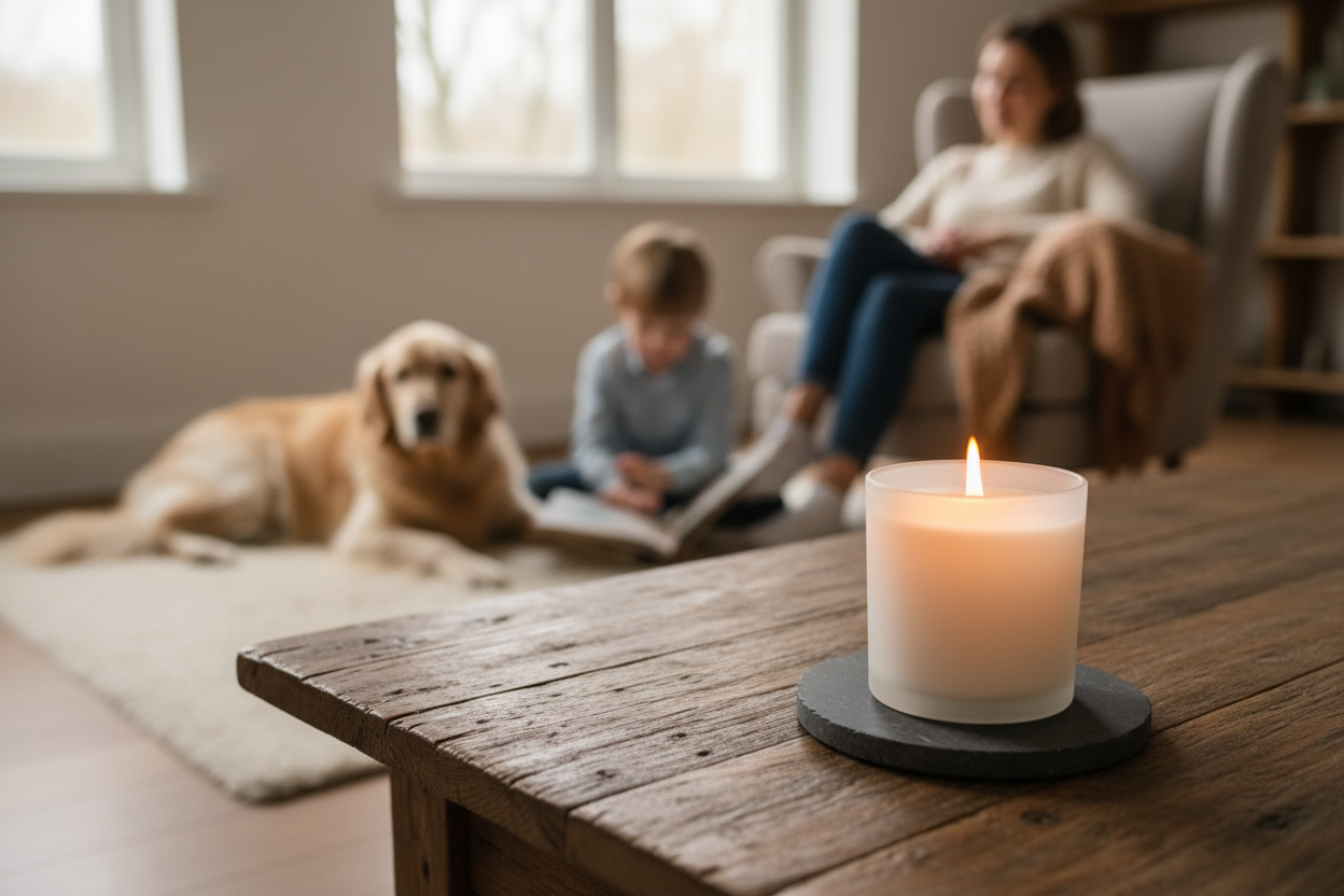 I need a burning candle in a frosted white candle jar on a table with a fire proof coaster underneath it with a dog and a child at a safe distance with an adult supervising